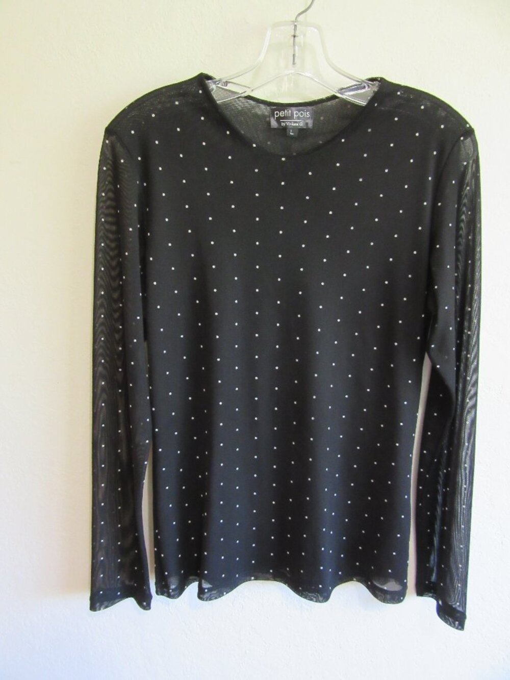 petit pois by Viviana G Black w/White Polkadots Sheer Pullover L Blouse